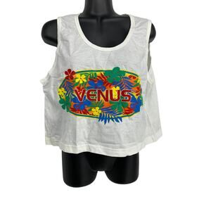 VTG 90s Venus Cropped Tank Top Womens Sz M/L White Multicolor Floral *READ